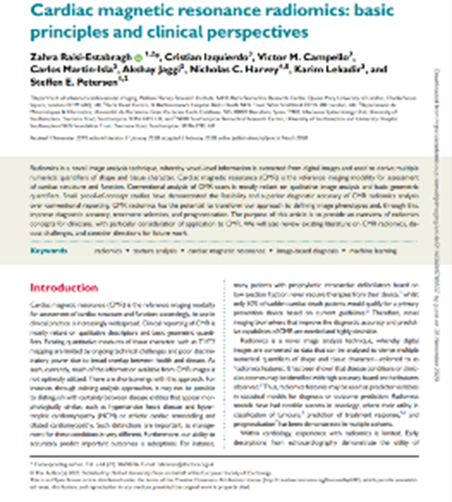 Cardiac magnetic resonance radiomics: basic principles and clinical perspectives