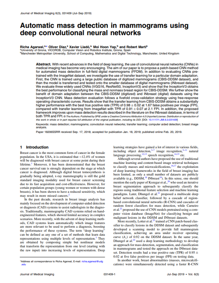 Automatic mass detection in mammograms using deep convolutional neural networks