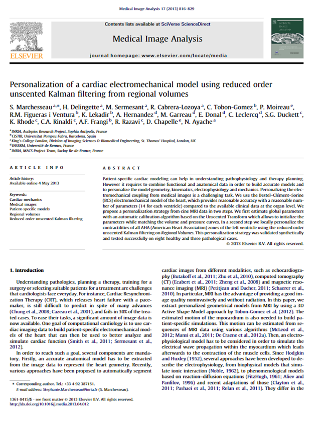 Personalization of a cardiac electromechanical model using reduced order unscented Kalman filtering from regional volumes. 