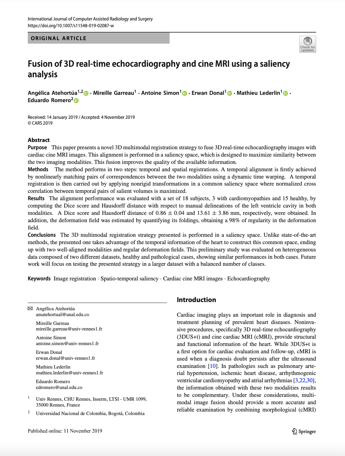 Fusion of 3D real-time Echocardiography and cine MRI using a Saliency Analysis