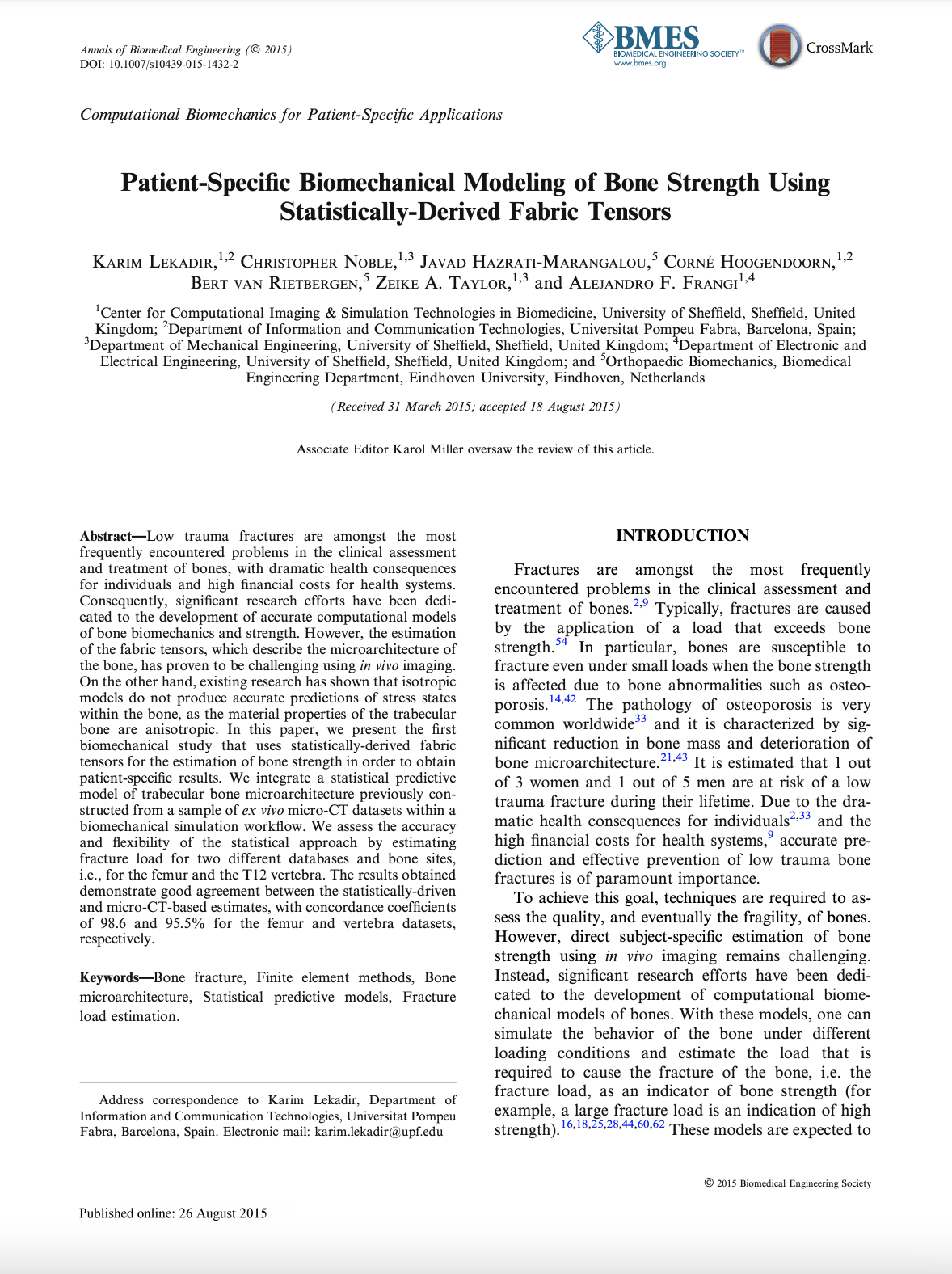 Patient-Specific Biomechanical Modeling of Bone Strength Using Statistically-Derived Fabric Tensors