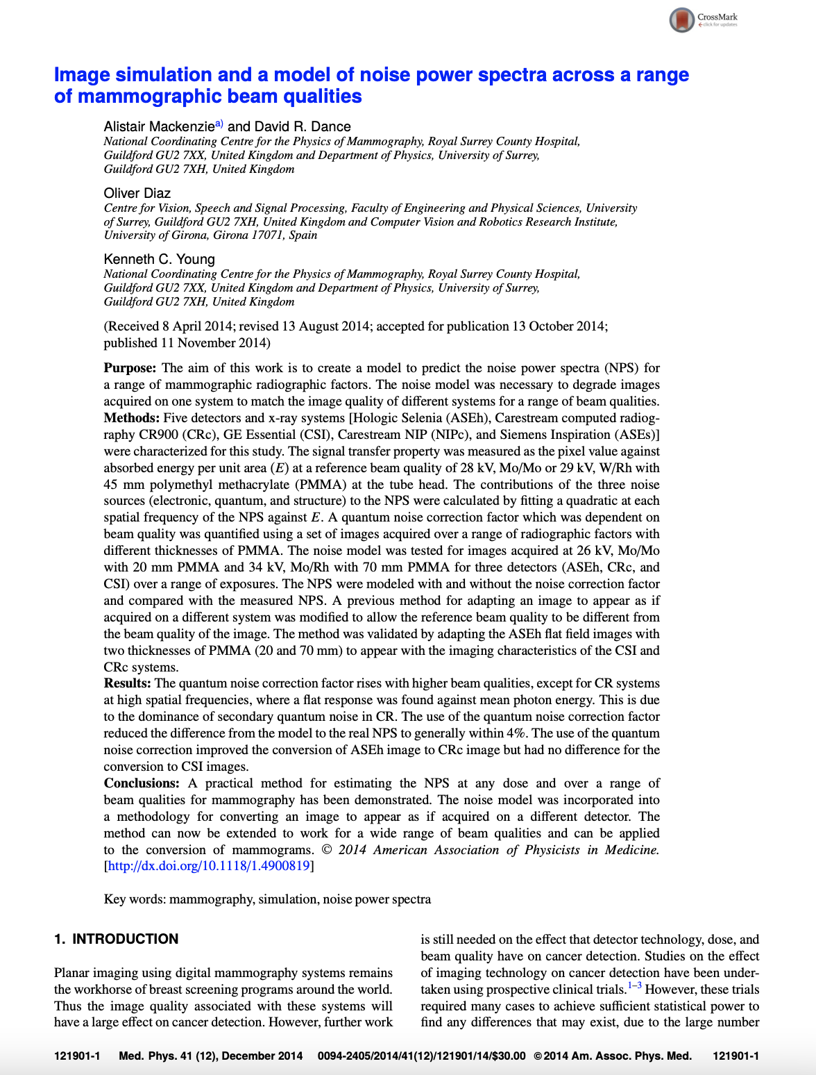 Image Simulation and a Model of Noise Power Spectra across a Range of Mammographic Beam Qualities